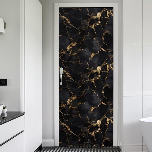 REDAMANCY Modern Black Gold Marble Abstract Peel and Stick Door Stickers Vinyl Mural Decals Decor Modern Wallpaper Self-Adhesive, Waterproof, Removable