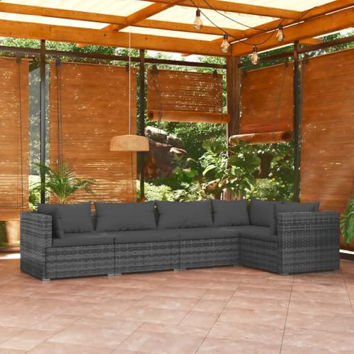 Qnhdfrt Garten Lounge Set 5 teilig Grau Anthrazit Poly Rattan Sofa Eckgruppe Modulares Design Outdoor Balkon Terrasse