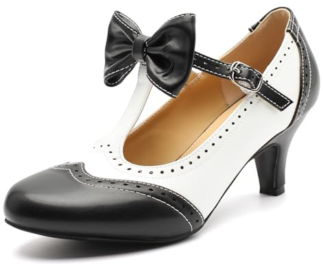 Rjclyh Women's Mary Jane Oxford Pumps Retro Low Kitten Heels, T-Strap Round Toe Bow Dress Shoes, Colorblock Comfortable Heels for Work Party Wedding Black & White US 6.5