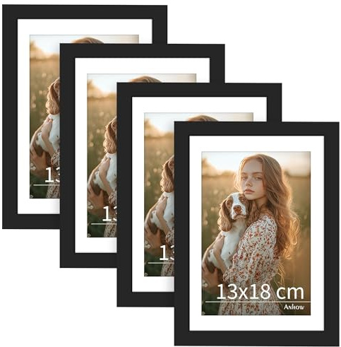 Anhow Bilderrahmen 13x18 cm 4er Set, Schwarz Freistehende Fotorahmen mit Passepartout für 10x15 cm Fotos, Horizontal oder Vertikal für Wandbehänge oder Tischdekoration - Schwarz