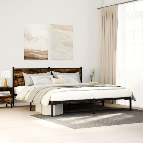 HaoChrymec Metallbett aus Stahl mit Kopfteil, Stabiles Design, Mit Lattenrost, polsterbett, doppelbett, Für Schlafzimmer & Jugendzimmer, Räuchereiche, 160x200 cm