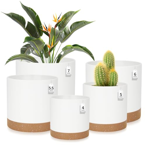 CSYY Plant Pots Indoor, Plastic Plant Pots, Flower Pots Outdoor Self Watering Indoor Plant Pot with Drainage Holes and Tray, Plastic Planter for Garden House Plants (White, 7/6.5/6/5/4)