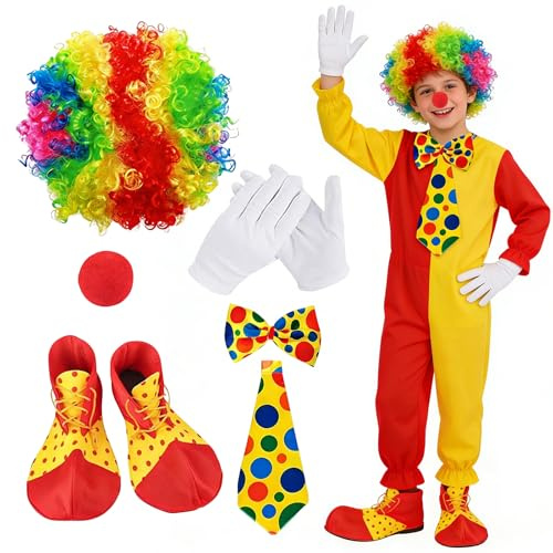CUVZORA Juego de disfraz de payaso, 6 unidades con arco iris, peluca con lazo en la nariz y zapatos, accesorio ideal para fiestas de payaso, disfraz de circo para niños, mujeres, hombres, para