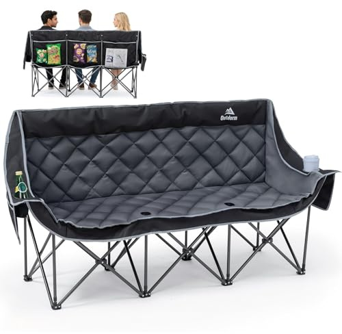 3 Person Camping Chair Oversized Padded Loveseat Camping Chairs Heavy Duty Folding Outdoor Couch with Cup Holder & Phone Side Pocket Extra Wide Outdoor Loveseat for Camping, Tailgating, Lawn Black