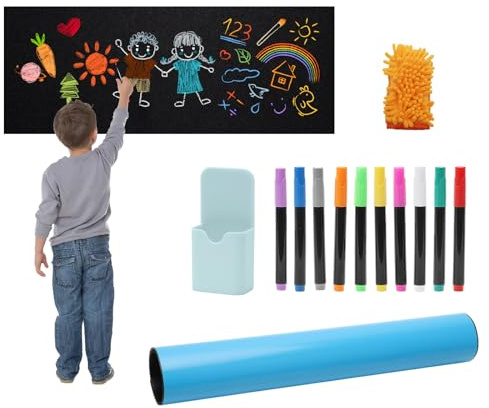 Magnetische Tafelfolie Selbstklebend Schwarz 120x43 cm, Magnetfolie Selbstklebend Schwarz, Abwischbar Kreidefolie, Magnettafel Folie mit 10 Stift, 1 Markerhalter, 1 Lappen, für Zuhause, Schule & Büro