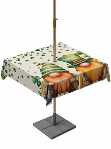 Outdoor Table Cloth with Umbrella Hole and Zipper,St. Patrick's Day Waterproof Square Tablecloth 60x60,Green Lucky Shamrocks Harp Beer Retro Rustic Washable Table Cover for Outside Party Patio