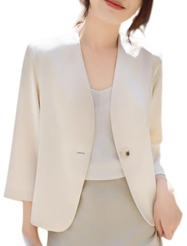 LCDIUDIU Blazer da Donna A Maniche A 3/4 Senza Colletto, Monopetto con Revers Tacca, Giacca Corta Estiva Leggera Ed Elegante, Ideale per Lavoro, Ufficio E Tutti I Giorni, Beige, Taglia XS.