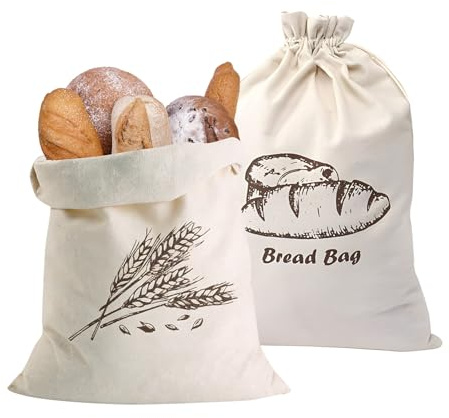 Juego de 2 bolsas de pan de algodón [30 x 45 cm] sin recubrimiento, lino de panadería para mantener fresco, saco de pan transpirable para pan y pasteles, diseño gris y trigo, tela natural