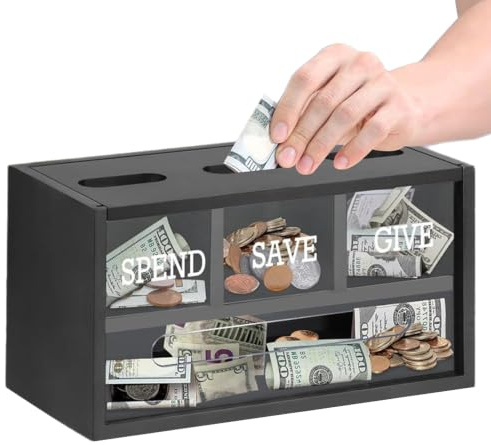PithCogent Sparar Box |Spara Spend Ge Bank för barn, 3 fack, svart | 3 separata fack, bra för barn som lär sig budgetering, passar väggar och bänkskivor