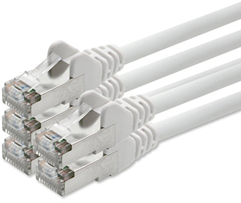 1aTTack.de 5x 5m Cat5 SFTP Ethernet cable 2x RJ45 white | Pack of 5 SFTP cables with foil and braid shielding, 2 RJ45 plugs, gold-plated contacts; for router, switch, PC and panel
