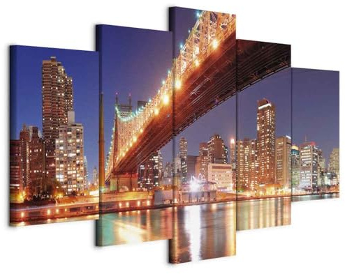 murando - Wandbilder XXL New York 200x100cm 5 tlg - Wand Deko Leinwand Bilder Groß Wanddeko Wohnzimmer Schlafzimmer Kunstdrucke - City Stadt Brooklyn Bridge Gebäude Nacht Lights