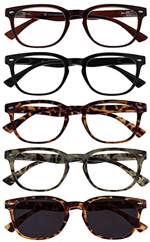 OPULIZE ORA Lesebrille für Damen und Herren mit Lesesonnenbrille, Blendfreie UV400-Schutz Federscharnier Anti-Müdigkeit, Runder Rahmen, 5er-Pack Schwarz, Dunkel braun, Braun & Grau Braun +1,50