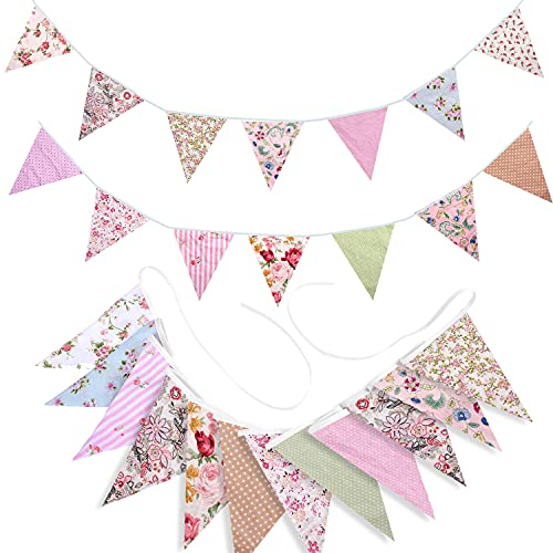 funvce Large Fabric Bunting Banner, 39.5ft Floral Vintage Triangle Flag Garland Reusable Cotton 42pcs Floral Pennants Decoration for Garden Wedding Baby Shower Birthday Parties