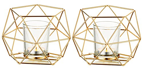 Romadedi Teelichthalter Metall Gold, Geometrisches 2er Set mit Gläser