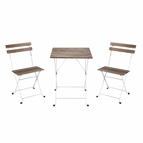 Estosa - Set Bistrot da Giardino con Tavolo e Sedie Pieghevoli in Ferro e Doghe in Legno di Acacia Comodo e Elegante per Arredo Esterno, Terrazza e Balcone (Bianco, Small)