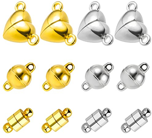 AIEX 12 Stück Verriegelung Magnetverschlüsse Schmuck Herstellung, Kugelförmig Zylinder Liebesherzform Magnetverschlüsse für Halsketten Armbänder DIY Schmuck, Starker Magnetismus (Silber, Gold)
