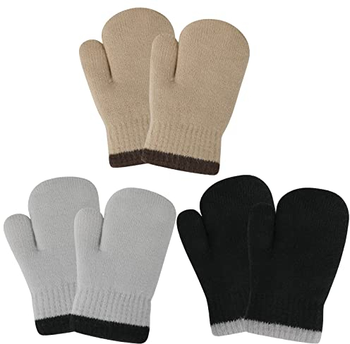QKURT 3 Paar Verdickte Strickfäustlinge für Kleinkinder Einfarbige Thermo-Winter-Babyhandschuhe Dicke Fleece-Innenstrick-Vollfinger-Outdoor-Handschuhe für Jungen und Mädchen im Alter von 1–3 Jahren