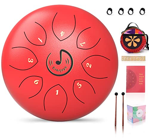 Rain Drum for Outdoor- Steel Tongue Drum 6 Inch 8 Tone C-Key Trommel HandPan Zungentrommel with Drum Beaters Carry Bag Music Book for Meditation Yoga Sound Healing (Red)