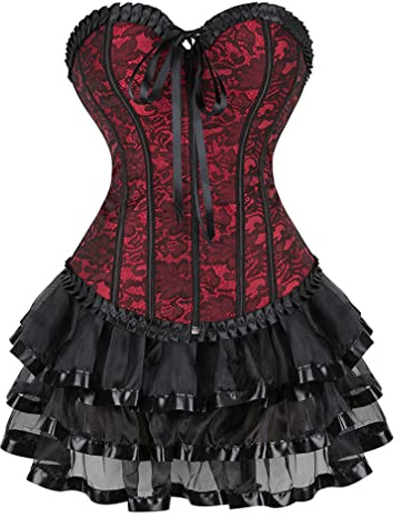 Grebrafan Burlesque Renaissance Corset with Multi Layer Skirt S Red