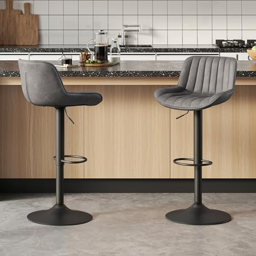 Zouron 2er Set Barhocker Barstuhl Tresenhocker Bistrohocker Sitzhocker Arbeitshocker Bürohocker Esszimmerstuhl Schminkhocker mit Lehne, höhenverstellbar, drehbar, Kunstleder, Grau