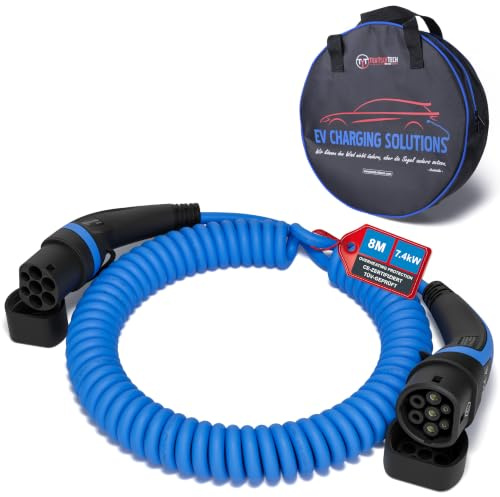 TEUTSCHTECH Typ 2 Ladekabel Spiral für Elektroauto | 8 m | Typ 2 auf Typ 2 | 7.4kW | 1x32A | 1-phasig | Modus 3 | Temperaturüberwacht | Sicher Laden | Nutzbare Länge ca. 4,8 m | Blau