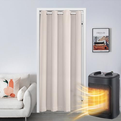 Qelus Thermal Insulated Curtain Panel - 52'' Width x 80'' Drop, Blackout Drape With Eyelets for Door, Doorway, Window, Living Room, Bedroom - Beige 1 Panel