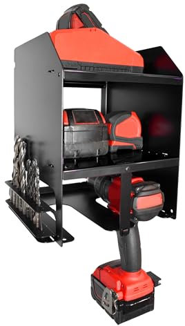 MegaMaxx Drill Driver Battery Tool Cabinet - Wall Mountable Rack Shelving Storage Unit Charging Station for 2 Power Tool - Cabinet for Workshop Organiser (Black)