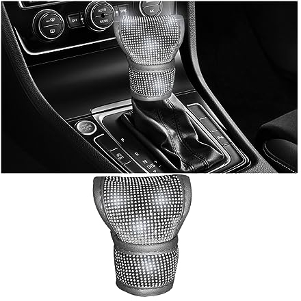 JNNJ Universal Bling Car Gear Shift Cover, Leather Auto Gear Shift Knob Cover with Glitter Rhinestone, Crystal Car Knob Gear Stick Protector, Diamond Auto Interior Accessories(White)