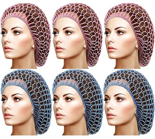 Geyoga 6 Pcs Hair Net Snoods for Women, Pink, Blue