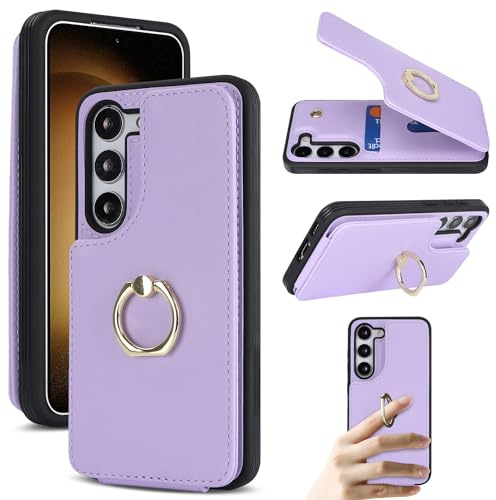 Cavor Phone Case Compatible with Samsung Galaxy S23 Case With Card Holders,Flip Leather Wallet Card Case with Ring [4 Card Holders],Snap Closure Shockproof Cover Case - Purple