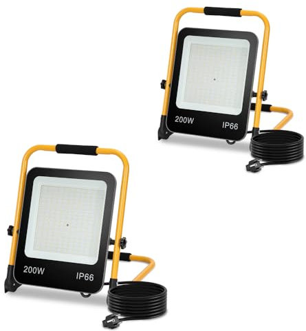 Yakimz Proiettore da cantiere a LED, 200 W, 2 x 18000 lm, lampada da lavoro, IP66, impermeabile, portatile, 6000 K, luce bianca fredda, lampada da cantiere, cavo e supporto pieghevole
