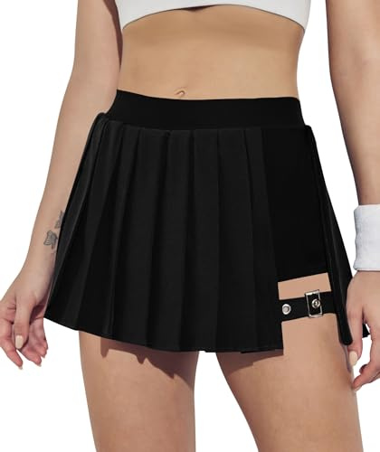 BZB Cute Pleated Skirts for Women Y2K High Waisted Tennis Golf Skorts with Adjustable Buckle Athletic Skorts Skirts Black