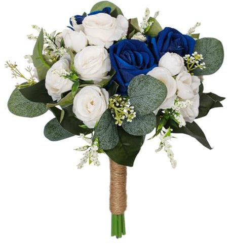 Wedding Rose Bouquet Bridesmaid Flower Bouquets, Artificial Flower Blue White Rose Wedding Bouquets for Bride Bridesmaid Bouquet Faux Bouquet Bride Bridesmaid Holding Flower for Wedding Decor, Medium