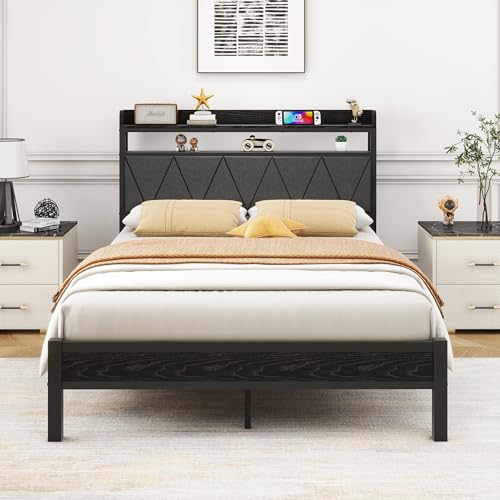 VERFARM Lit rembourré 120 x 200 cm en métal, structure moderne avec sommier à lattes, cadre en bois, tête de lit à 2 niveaux avec espace de rangement