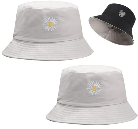 FUIPVGI 2 Stück Fischerhüte,Doppelseitig zu Tragende Sonnenhüte,Gänseblümchen-Stickerei,Wendbare,Atmungsaktive Baumwoll-Strandkappe,Faltbarer Doppelseitiger Hut für Mädchen Einkaufen Wandern(2 Stück)