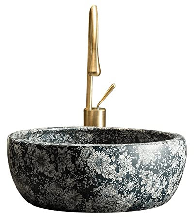 Waschbecken 16 Zoll rundes Aufsatzwaschbecken und Wasserhahn-Kombination, Badezimmer-Aufsatzwaschbecken, rundes Retro-Waschbecken über der Theke, Badezimmer-Waschtisch mit Blumenmuster, Wasserhahn und