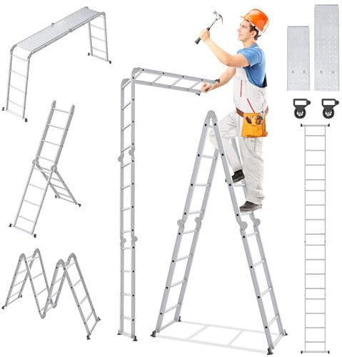 ROSEJANE 6 in 1 Alu Multifunktionsleiter Mehrzweckleiter Multifunktionale Klappleiter Stehleiter Ausziehbar Leiter bis 150 kg mit Arbeitsplattform und Gerüst, 4x4 Stufe Silber