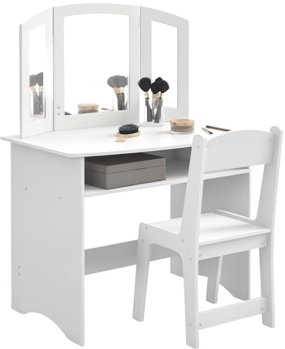 AIYAPLAY Set da Trucco per Bambini 3-6 Anni, Tavolo Toeletta con Specchio Triplo Rimovibile e Sedia in Legno, Bianco