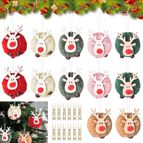 Christbaumschmuck Weihnachtsanhänger aus Filz, 12 Stück Weihnachtsbaum Anhänger Rentier Weihnachtsanhänger Elch Filz Baumschmuck, Rentier Holz Weihnachtsbaumschmuck Weihnachtsdeko Party Deko