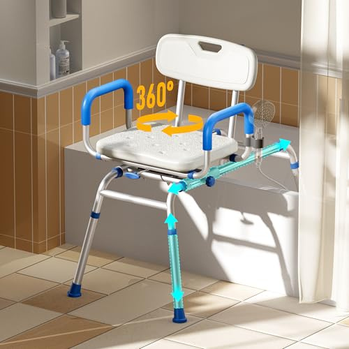 Bluelog Sliding Shower Chair with Extra-Wide 360° Swivel Seat, 330lbs Tub Transfer Bench, Non-Slip & Padded Arms, Adjustable Height for Elderly & Disabled Inside Shower, Rectangular