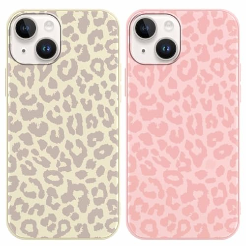 Yoedge Mobilskal för iPhone 14/13 på 6,1 tum, snygg present för flickor och pojkar, stötsäkert av mjukt TPU/silikon, 2-pack, rosa och brunt 3D-leopardmönster