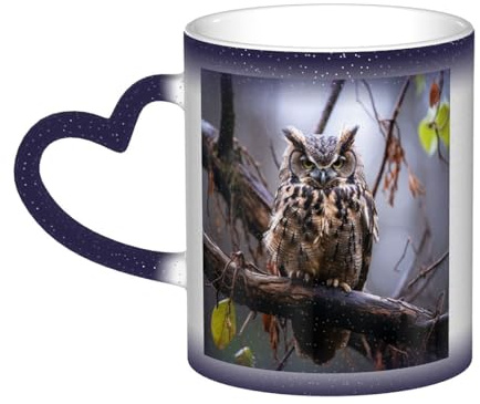FJWSLCH Tasse mit Eule auf einem Ast, Farbwechsel, Sternennacht, wärmeempfindliche Tasse, Neuheit, magische Teetasse, lustige Wassertasse, Keramik, Kaffeetasse, Geschenke für Männer und Frauen, Blau
