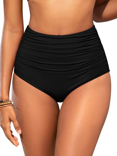 SHEKINI Women Shaping Swimwear Bottoms High Waisted Bikini Bottom Tummy Control Ruched Swim Brief Bottom, Black, Large