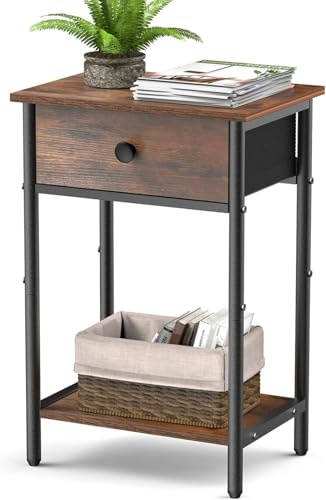 AFAjwsc Beistelltisch, Nachttisch, Kaffeetisch, Sofatisch Telefontisch Beistelltisch Klein mit 1 Schublade, für Wohnzimmer, Schlafzimmer, vintagebraun