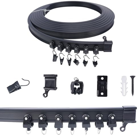 FOGAWA 5m Vorhangschiene mit 40 Vorhangklammern, Deckenvorhangschiene, Flexible Gardinenschiene, Gebogen, Deckenschiene für Duschvorhangstange, Raumteiler, Vorhangschienensystem Deckenmontage, Schwarz