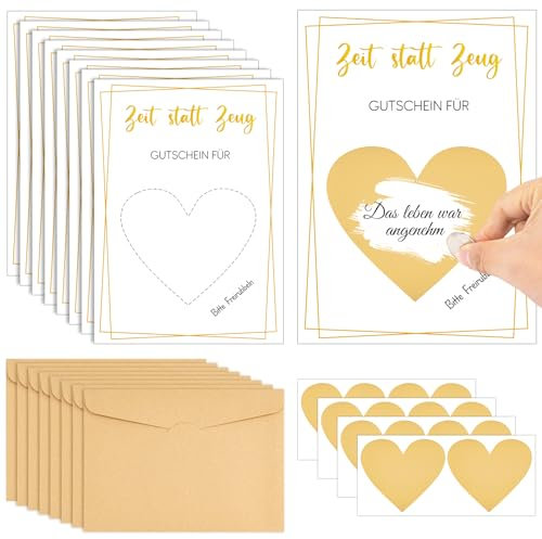 SREBIWO Rubbelkarte - 8 Sets Gutscheine zum Selber Ausfüllen mit Rubbelaufkleber, Zeit statt Zeug , Individuell Personalisierbar, Kreatives Design, Geeignet für Verschiedene Anlässe