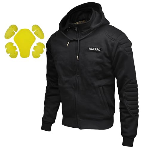 RIDERACT Motorcycle Hoodie Mens Black with Detachable Hood Armored Riding Sweatshirt Aramid Fiber Lined Motorbike Protective Clothing (US, Alpha, Large, Regular, Regular, Black)