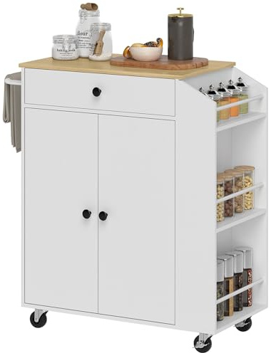 HOMCOM Isla de Cocina con Ruedas Carrito de Cocina Mueble Auxiliar de Cocina con 2 Puertas Cajón Especiero de 3 Niveles Toallero y Estante Ajustable 82x38x86,5 cm Blanco
