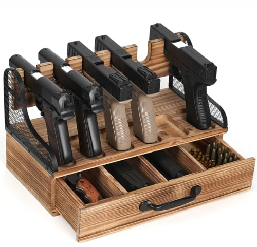 Optyuwah Pistolenregal Holz mit Schublade Pistolenständer – Sichere Aufbewahrung und Präsentation für 6 Pistolen, Waffenständer Pistolensammelregal für den Innenbereich
