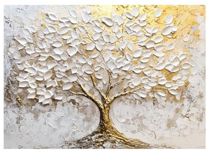 WUFIEA Arbre de vie en Impression sur toile, Sculpture d'arbre doré et blanc Affiche Murale Abstrait Image sur Toile Tableau Salon Chambre Décorations - 70x100cm Sans cadre(Blanc)